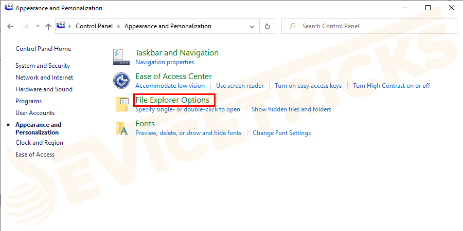 Now the “Appearance and Personalization” section will open. In that section, click on “Folder or File Explorer Options”.