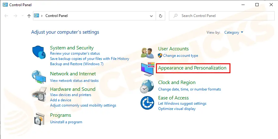 Now a traditional Windows Control Panel will open. Click on “Appearance and Personalization”.