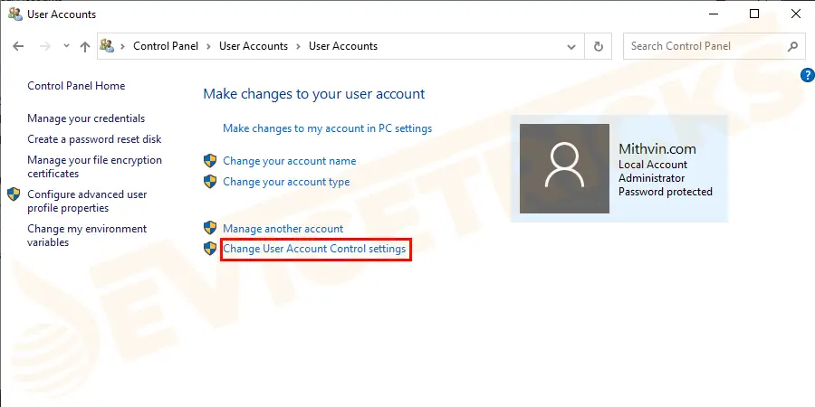 Click on the option Change User Account Control Settings.