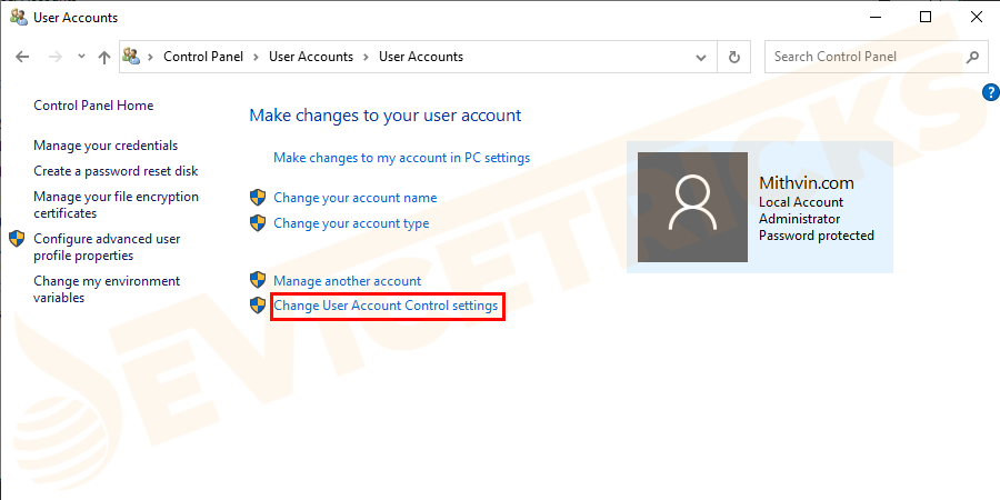 Click on the option Change User Account Control Settings.
