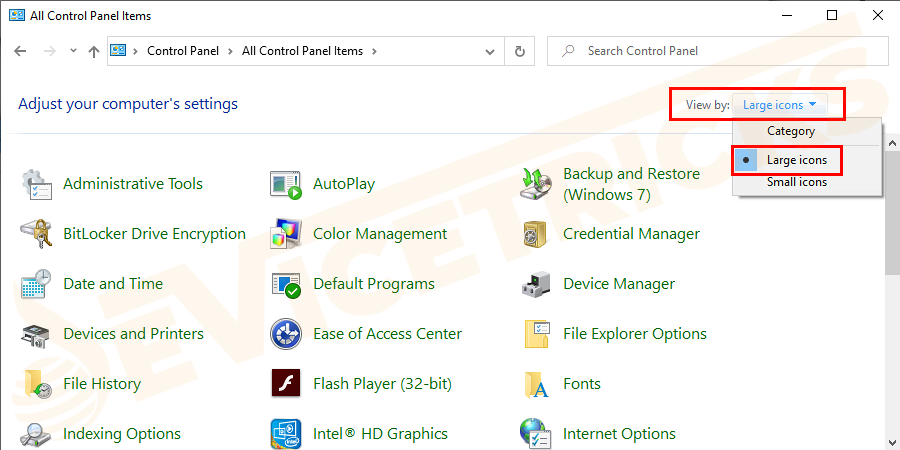 Click “View by” on the right side corner of the screen and choose “Large icons” or "Small icons".