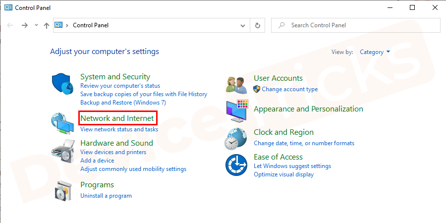 Open Control Panel and click on the Network and Internet option.