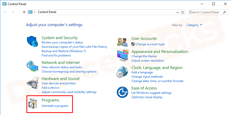 Right-click on the Windows key and select Control Panel and click on Programs. 