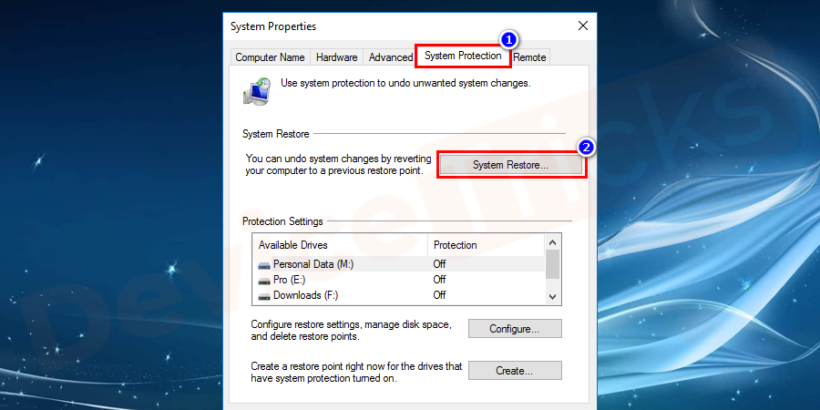 Now go inside the System Protection tab and click on System Restore.