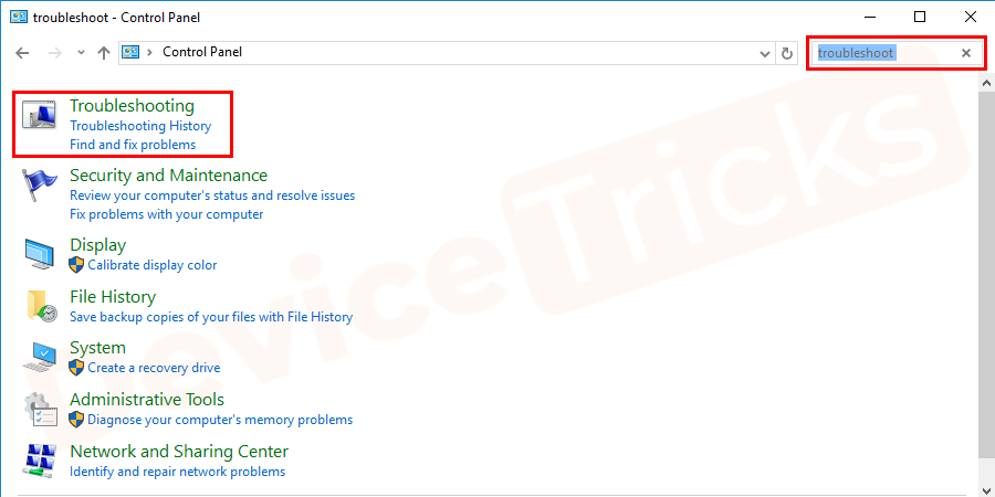 Go to the Control Panel and then click Troubleshooting.