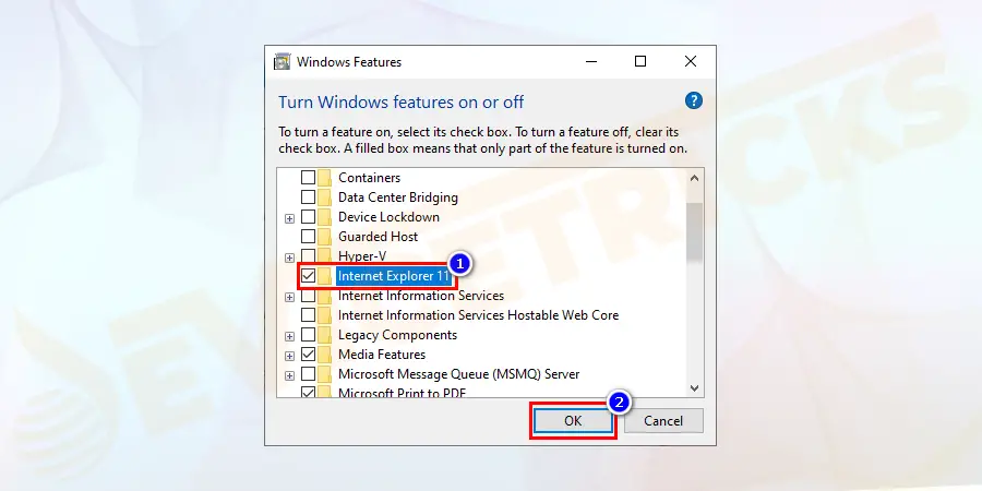 Again, press Windows + R and type appwiz.cpl and then click ‘Turn Windows features on or off’ and check the Internet Explorer checkbox. Click Ok.