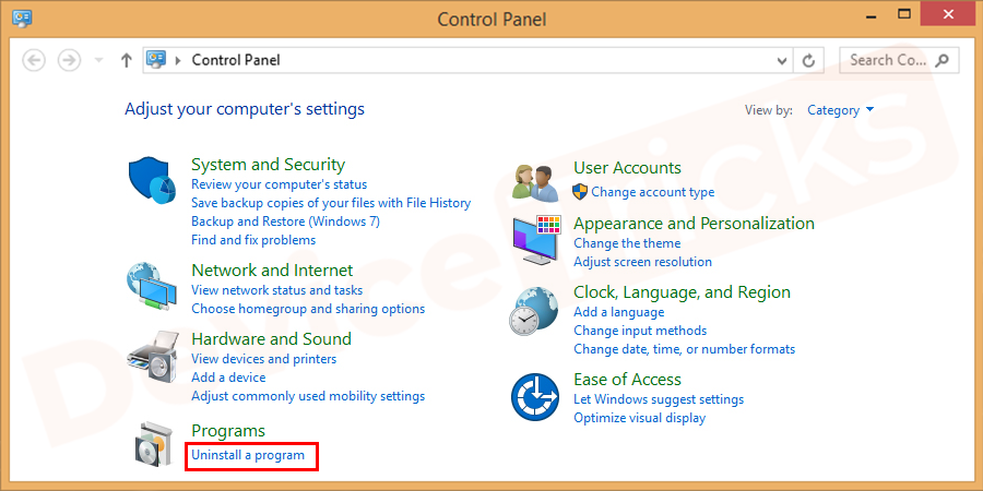 View Control Panel by Category and select Uninstall a program.