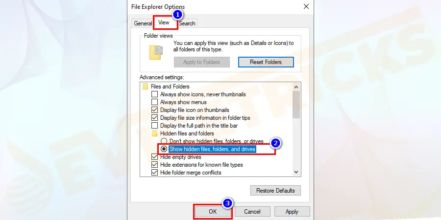 Now in “Folder Options” click on View Tab. In Advanced settings, click on the radio button named “Show hidden files, folders and devices” and click OK button.