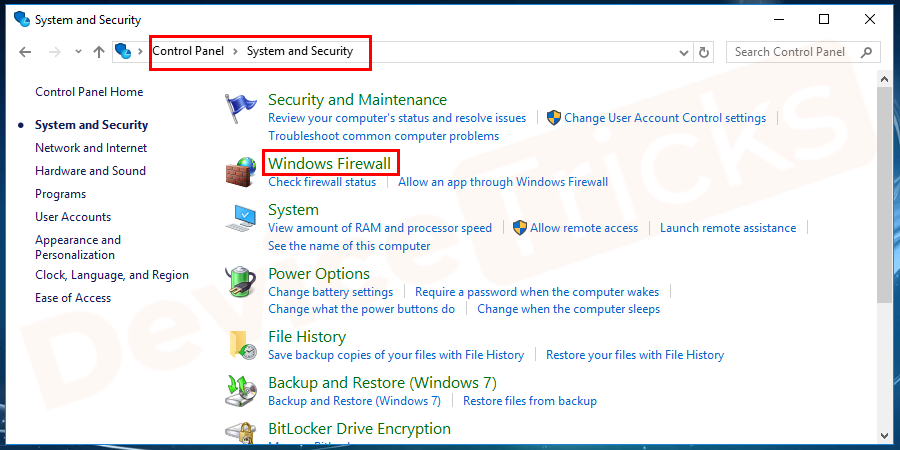 On the window go to the Windows firewall option.