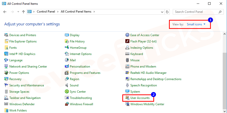 Now short the view by option with small or large icon and then click on the User Accounts section.