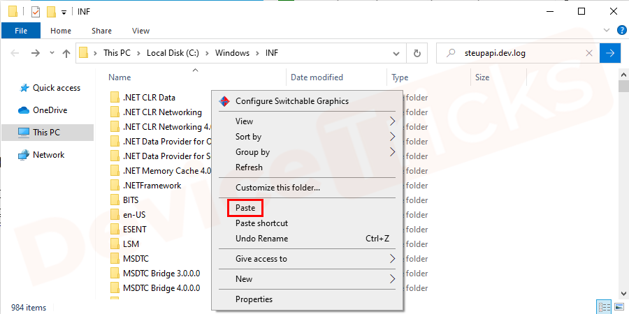 Copy the missing file and paste it in Windows/inf folder.