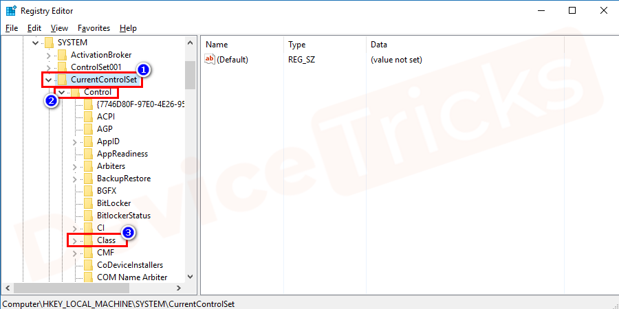 In the ‘SYSTEM’ folder, you will get a few folders and your job is to look for the ‘CurrentControlSet’ folder. After finding the same, click on the ‘Control’ button and then select ‘Class’ from the featured options provided by the ‘Control’ folder.