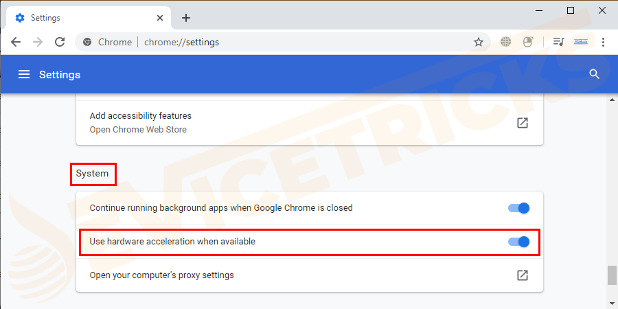 Advance Settings will take you to System Settings and make sure to disable the toggle or turn off the option ‘Use Hardware Acceleration when available’.