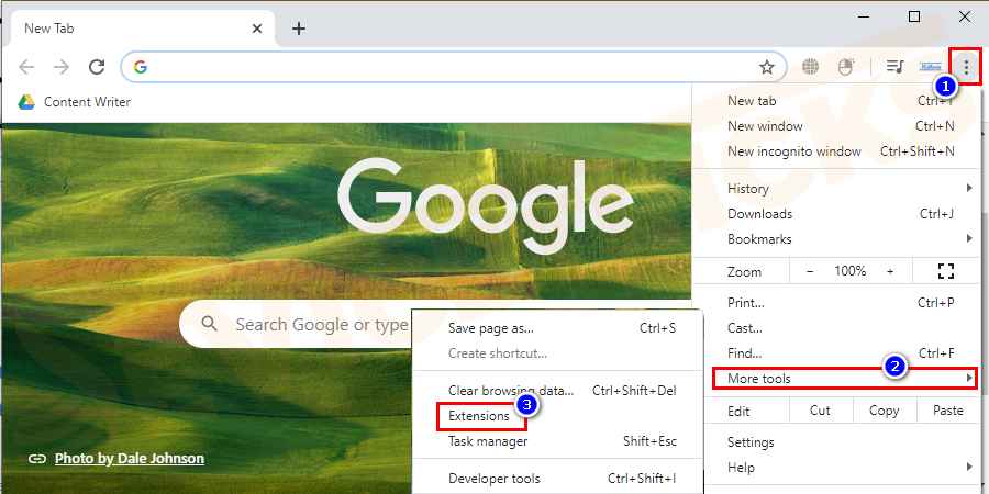 nettleservinduet i Google Chrome navigerer til utvidelsene I Chrome.