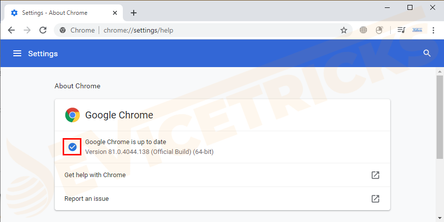 chrome este actualizat, veți primi un ecran și un marcaj uptick în albastru, așa cum se arată în figura de mai jos.