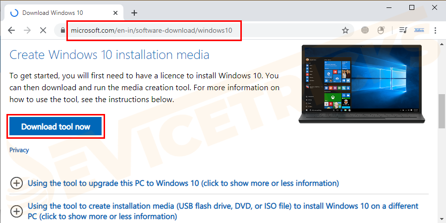 Visit the Microsoft page and search for the Media creation tool page to download the system. Click on the download tool button.