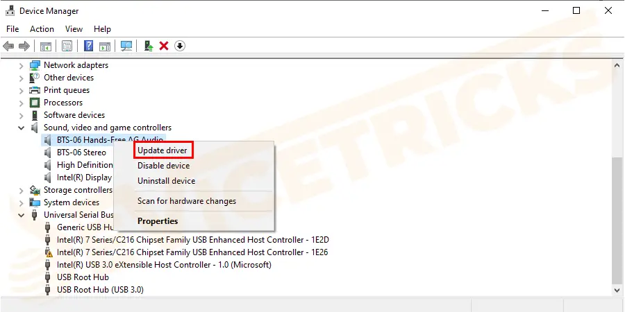 Right-click on your dedicated sound card driver and choose Update Driver.