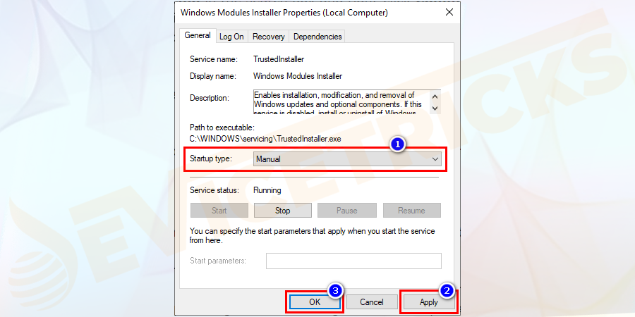 Windows Modules Installer Properties window will open. Now set Startup type as Manual, then click Apply and OK to confirm the changes.