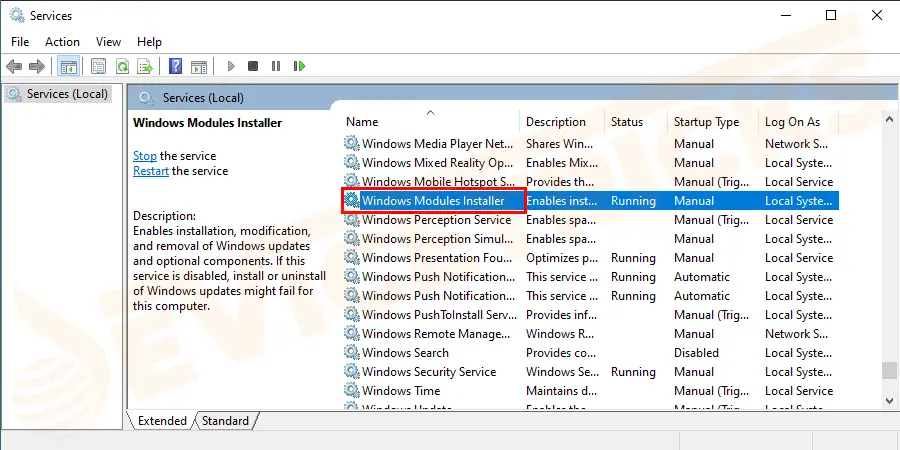 From the results select Windows Modules Installer service and double-click on it.