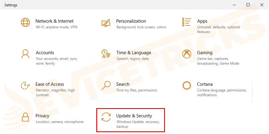 Press Windows+I keys to open Settings and navigate to the Update and Security option.
