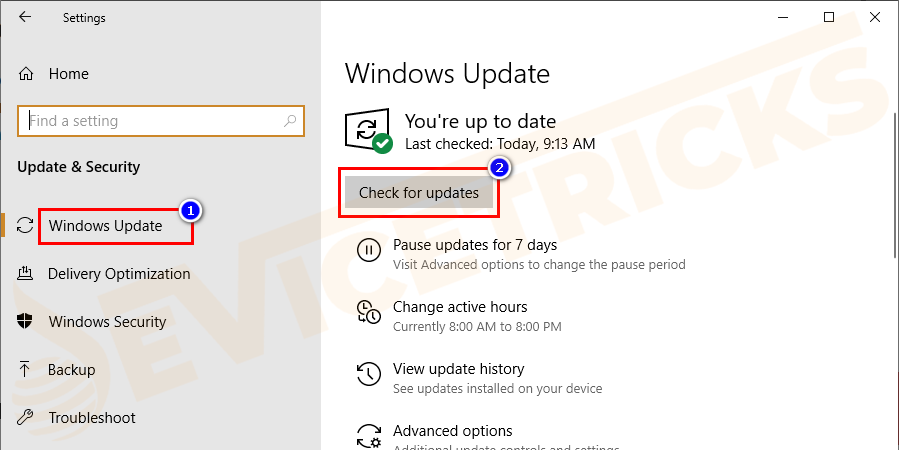 Nella scheda Aggiornamento e sicurezza, selezionare Windows Update. Ora fai clic sull'opzione Controlla aggiornamenti e attendi il completamento dell'indagine.