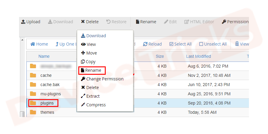 Right-click on the folder and rename it (recommended plugins.old or plugins.deactivated for ease). By doing so your WordPress will not be able to find out the plugins and disable those plugins automatically.