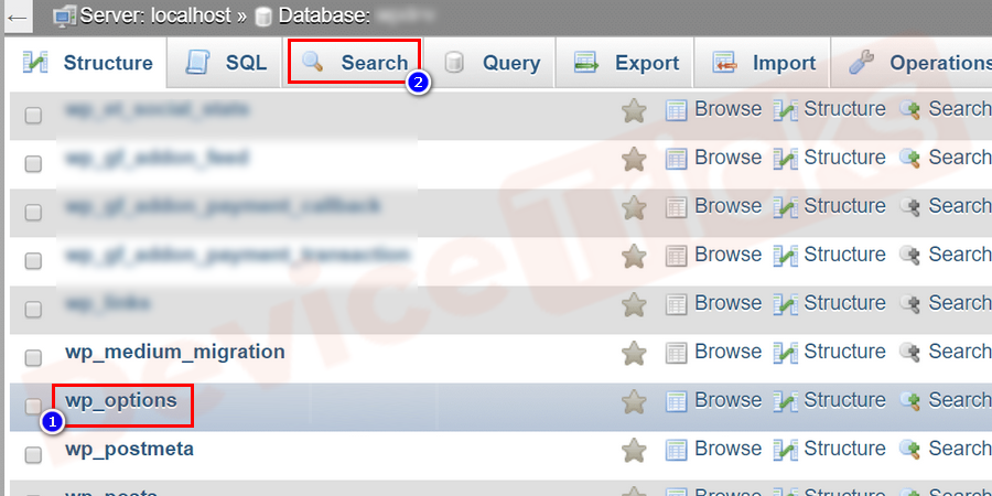 Click on the wp_options table and click on the Search tab.