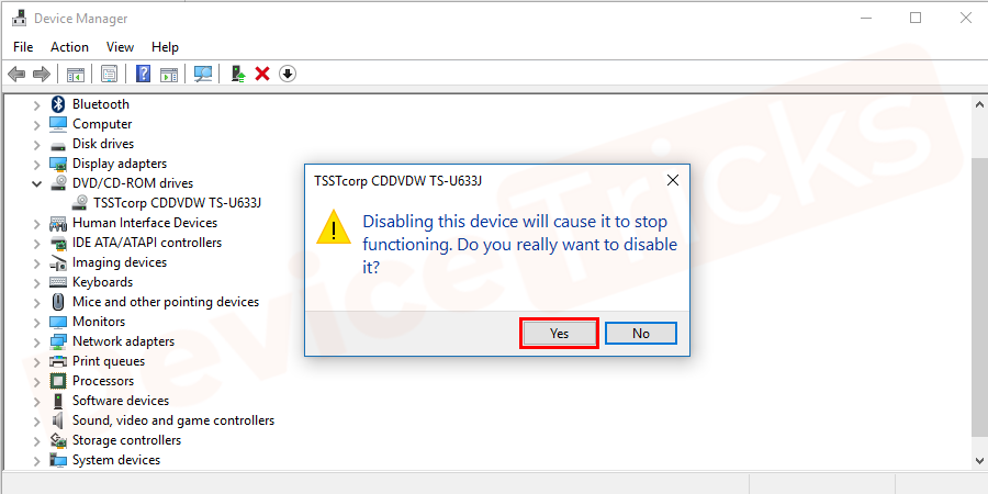 Click on Yes to confirm the Disable device process.