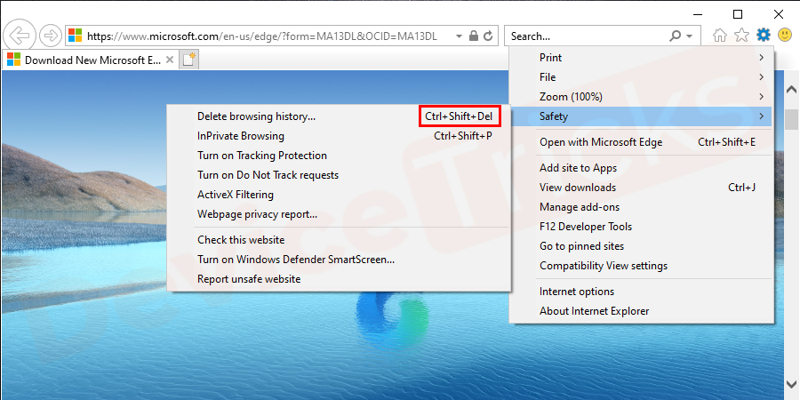 A keyboard shortcut can also help you. For that, you need to press "Ctrl-Shift-Del". Simply, hold both the Ctrl and Shift buttons together and press the 'Del' button.
