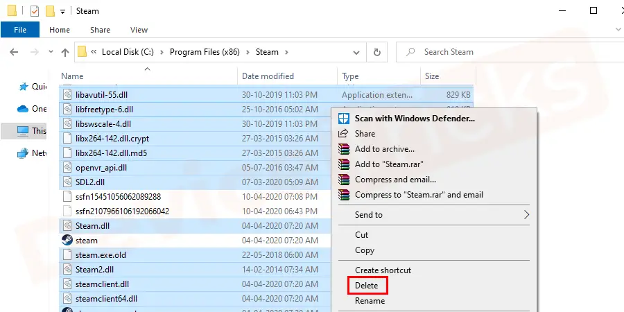 Locate the following folders like SteamApps folder, Userdata folder, steam.exe and ssfn continued with a series of numbers. Except for the above folder files, delete rest of the files and close all other folders restart your computer.