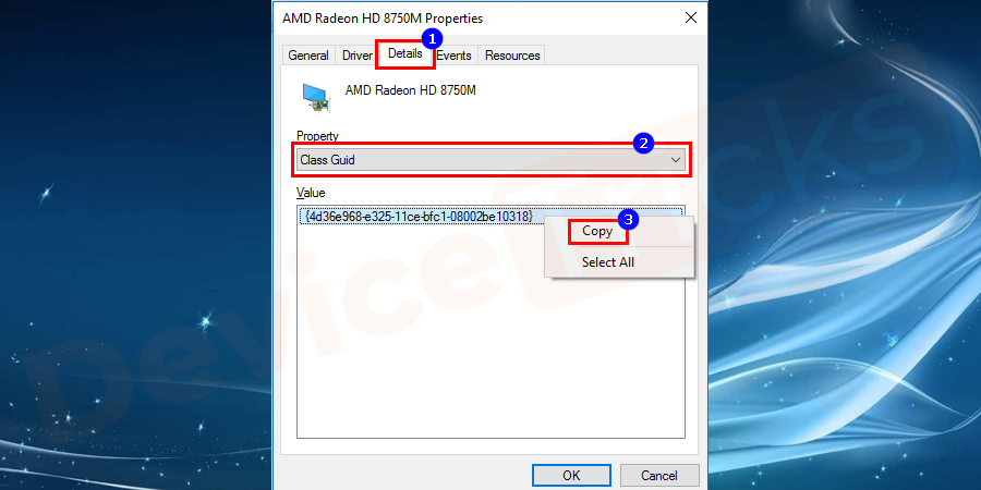 Now, go to the Details tab. Here, you need to select Class Guid as a Property and then right-click on the shown value to copy the ID.