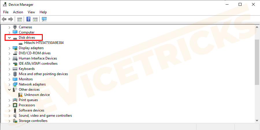 Now, move to the ‘Disk drives’ section and click on the arrow button to expand its features.