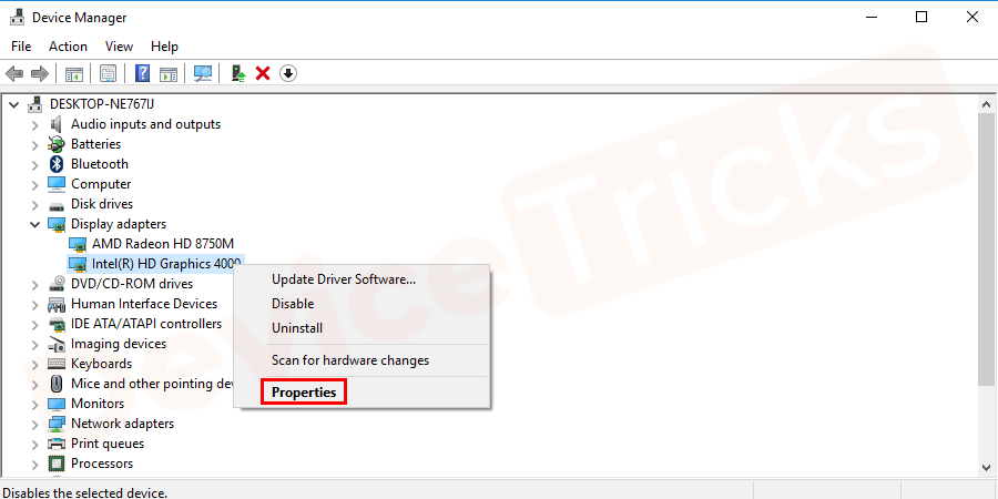 A list of all devices installed on your computer will open. Find out the problematic device, right-click on it, and choose properties.