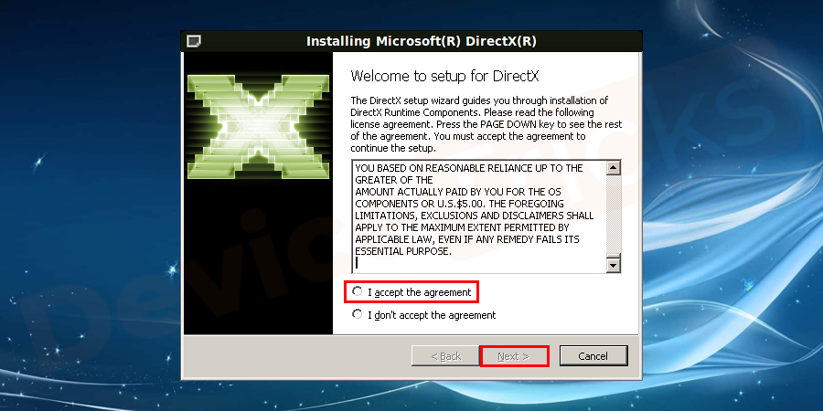 Click on yes button to run the file. Next, you can see Microsoft DirectX window. Select I accept the agreement and click on next button.