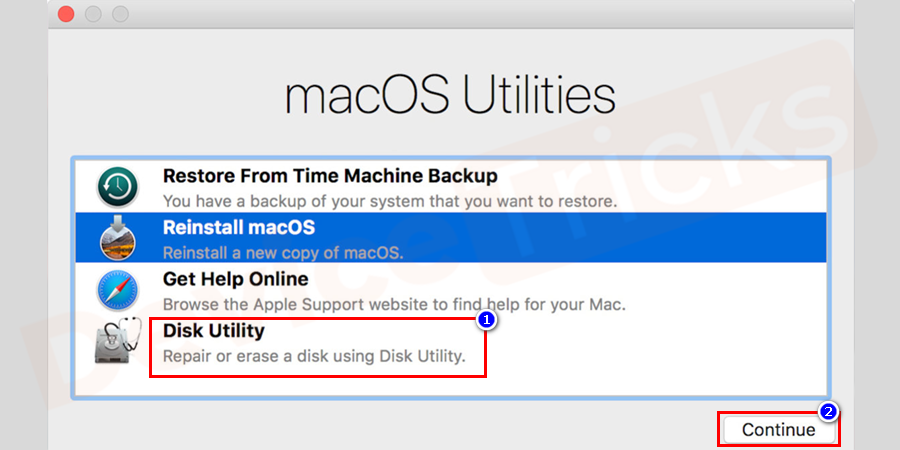 Disk Utility option will be visible, click on Continue.