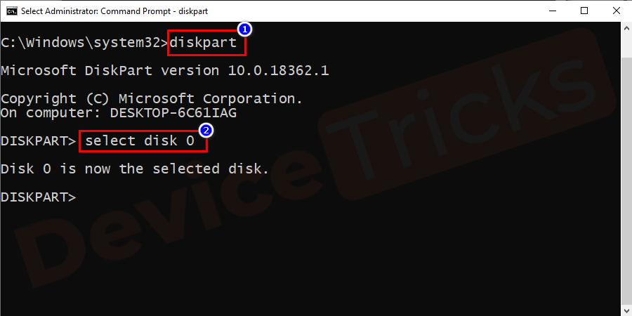 Now you can perform changes in the disk partition and to select the disk, enter ‘select disk O’, and press ‘Enter’ key.