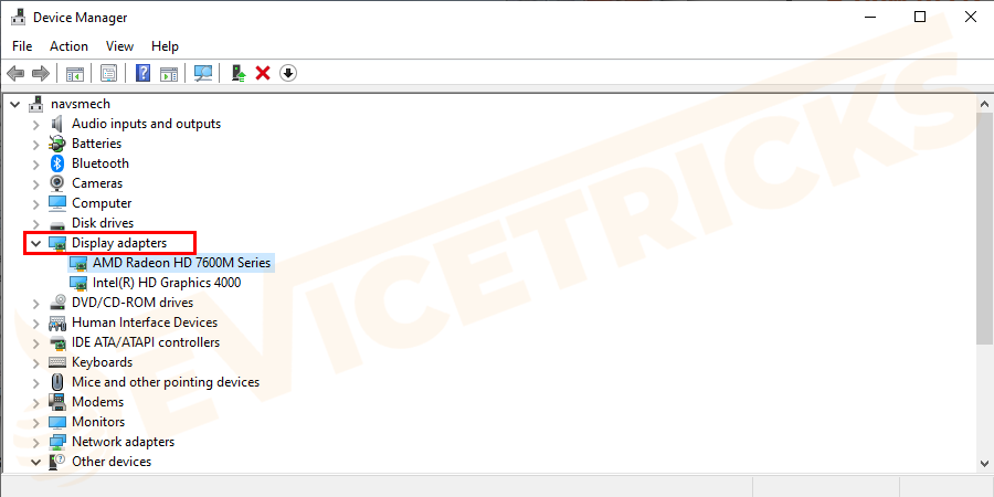 Open the Device Manager and select Display Adapters.