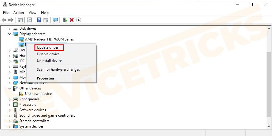 Right-click on the NVIDIA or other existing display drivers and choose the update driver option.