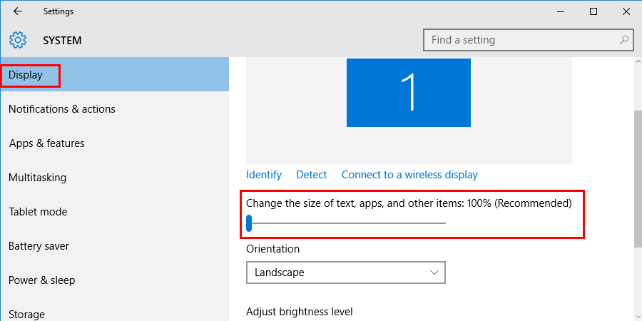 In the system window, scroll down to Display settings under which select for Scale and layout column and set the text size value to 100% or more to fix Windows File Explorer keeps crashing