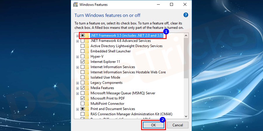 Finally, click on the .NET Framework 3.5(include .NET 2.0 and 3.0) feature and click on OK to save the changes.