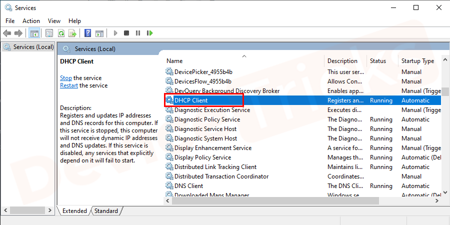 In the services window double-click on the DHCP client.