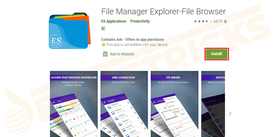 First of all, download and install the ES File Explorer from the Google Play Store.