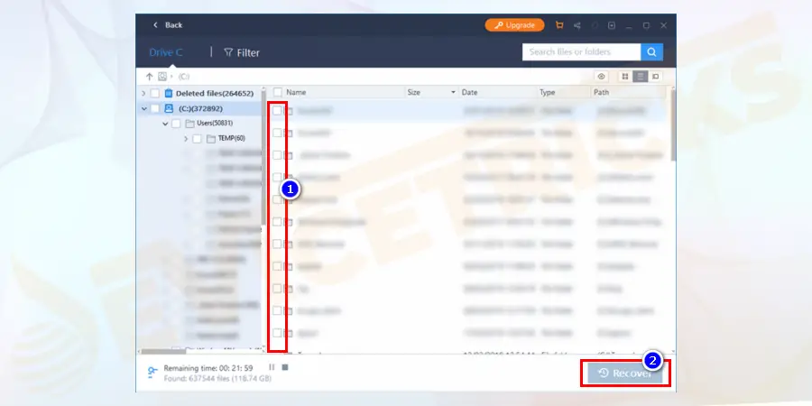 After completion of the scan, you will get the below window containing the left side of folders and right side files under those folders. Tick the checkboxes of files you want to recover and click on the recover button.