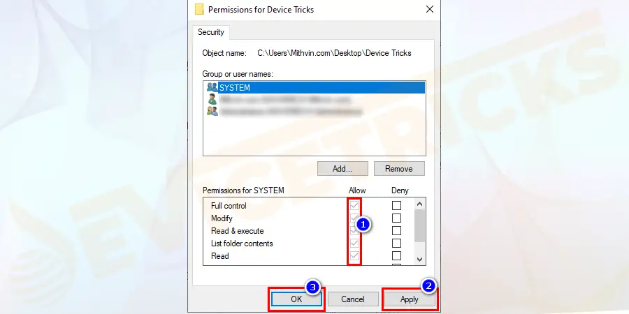 Edit the changes by selecting Full control and click on the OK button to perform any action on the file.