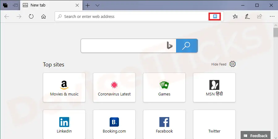 In the Start page, you will find several features and your task is to click on the ‘book’ icon, located at the extreme right of the address bar.
