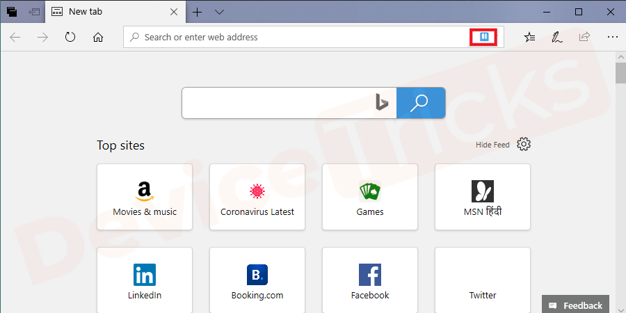 In the Start page, you will find several features and your task is to click on the ‘book’ icon, located at the extreme right of the address bar.