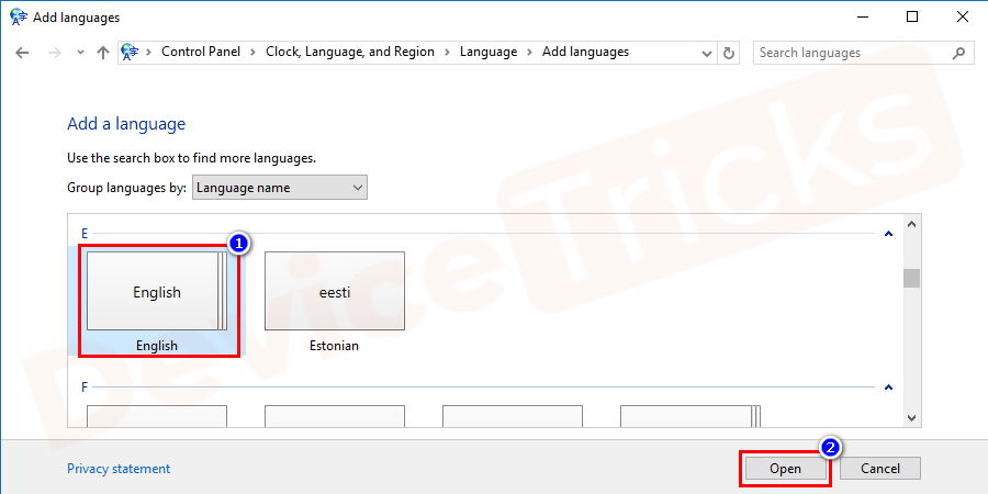 Now scroll down and choose for your preferred language. And probably English is the most used language on the keyboard. So, click on it and then hit the Open button.
