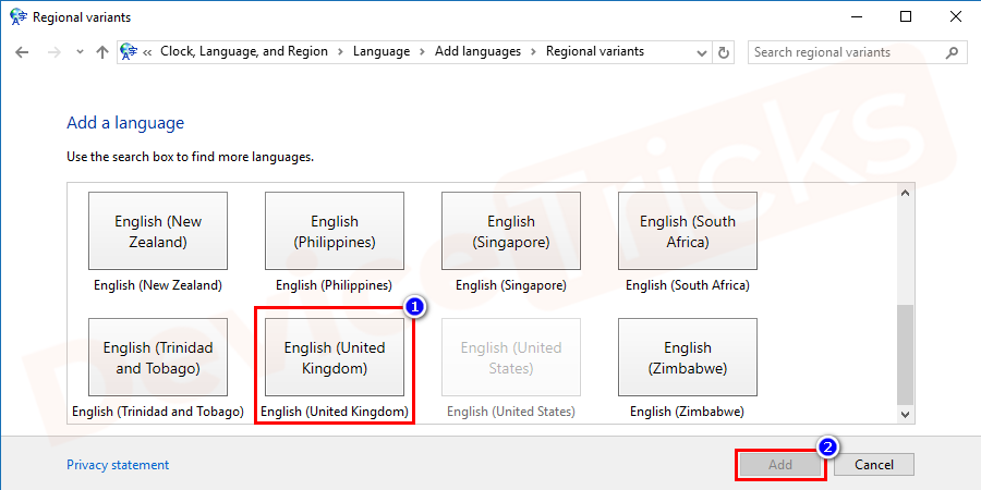 Now click on the English (United Kingdom) or other preferred one followed by the Add key.