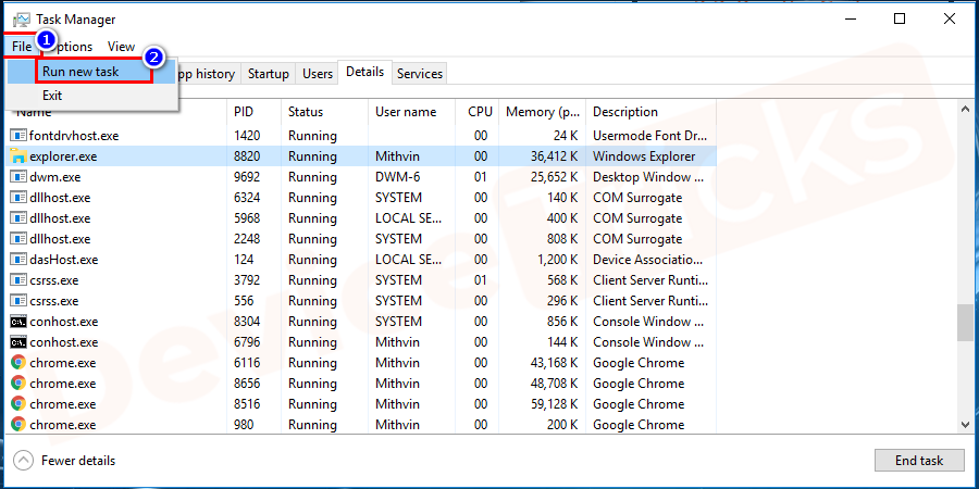 From the Task, manager Bar go to File and Run new task.