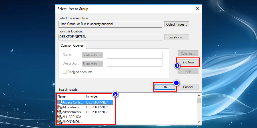 click on the Find Now button and select the name from the list shown below and press OK to save the changes to fix Windows File Explorer keeps crashing